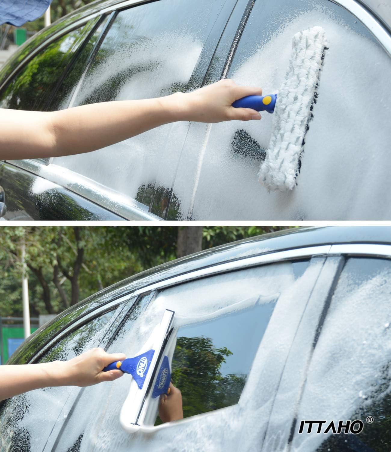81" Window Squeegee Cleaner, Window Cleaning Tool Kit,12" Squeegee and 11" Microfiber Scrubber Combi with Stainless Steel Pole for Car,Sliding Door,Shower Glass Door-Swivel Style-2 Pads