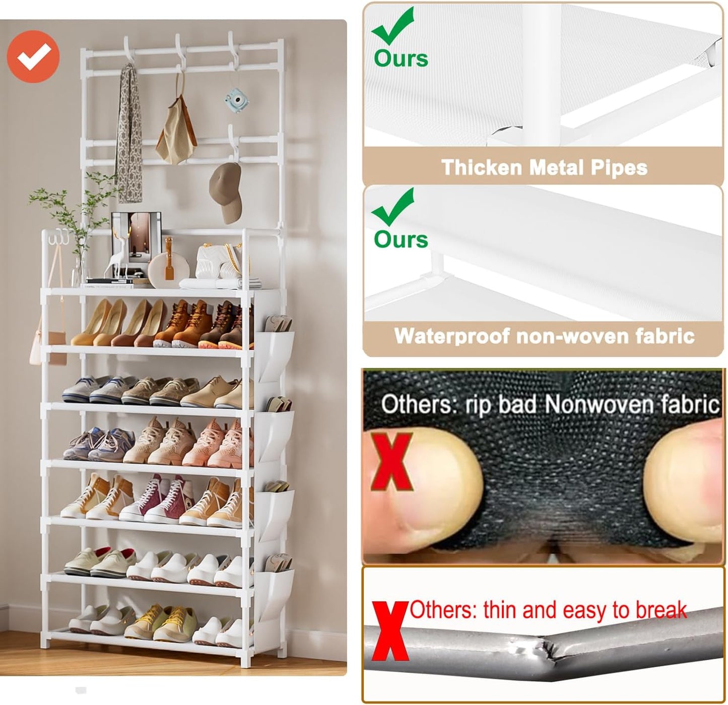 OYREL Shoe Rack 5 Tier Shoe Organizer Storage 15-20 Pairs Shoes Rack for Closet Entrance Shoe Rack Organizer with Hooks and Side Pocket Entryway Shoe Holder Space Saving Free Standing Shoe Racks