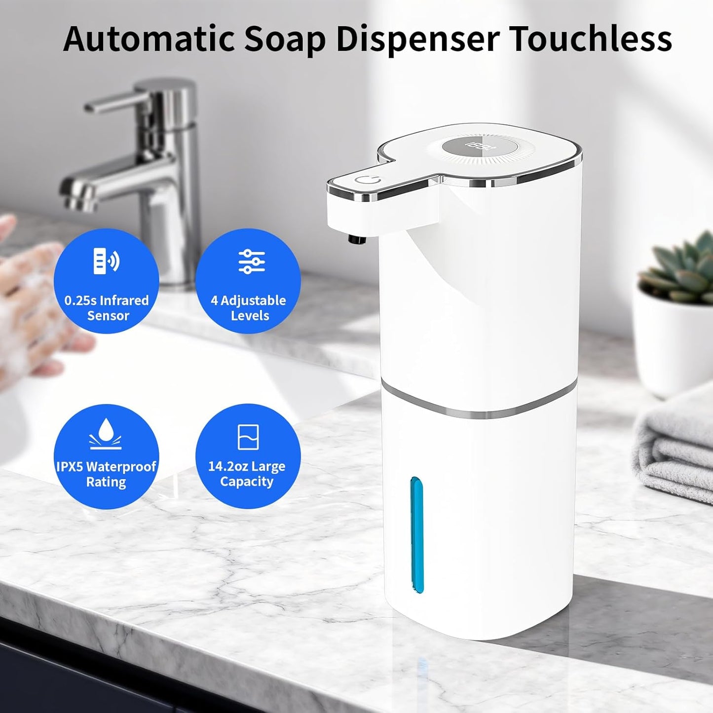 Automatic Foaming Soap Dispenser, Touchless Rechargeable Hand Soap Dispenser, 4 Adjustable Levels, 1200mAh Battery, Large Display, for Kitchen & Bathroom (Black, Foaming)