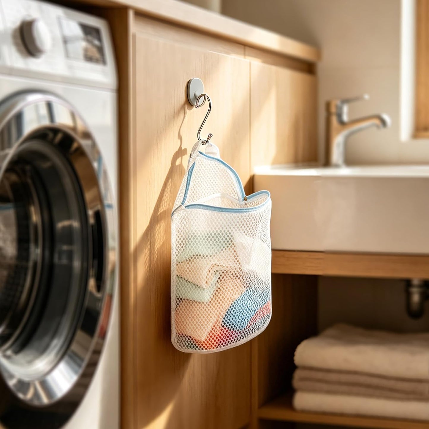 3Pcs Hanging Laundry Bags for Socks with S Hooks, 12 X 10 inch 3 Color Mesh Laundry Bags for Washing Machine