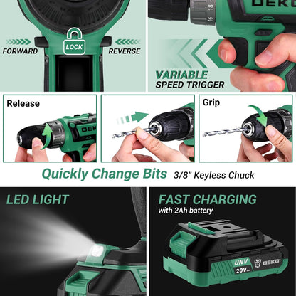 Cordless Drill Tool Kit Set: 20V Power Drill Tool Box with Battery Electric Drill Driver for Men Home Hand Repair Basic Toolbox Tools Sets Drills Case