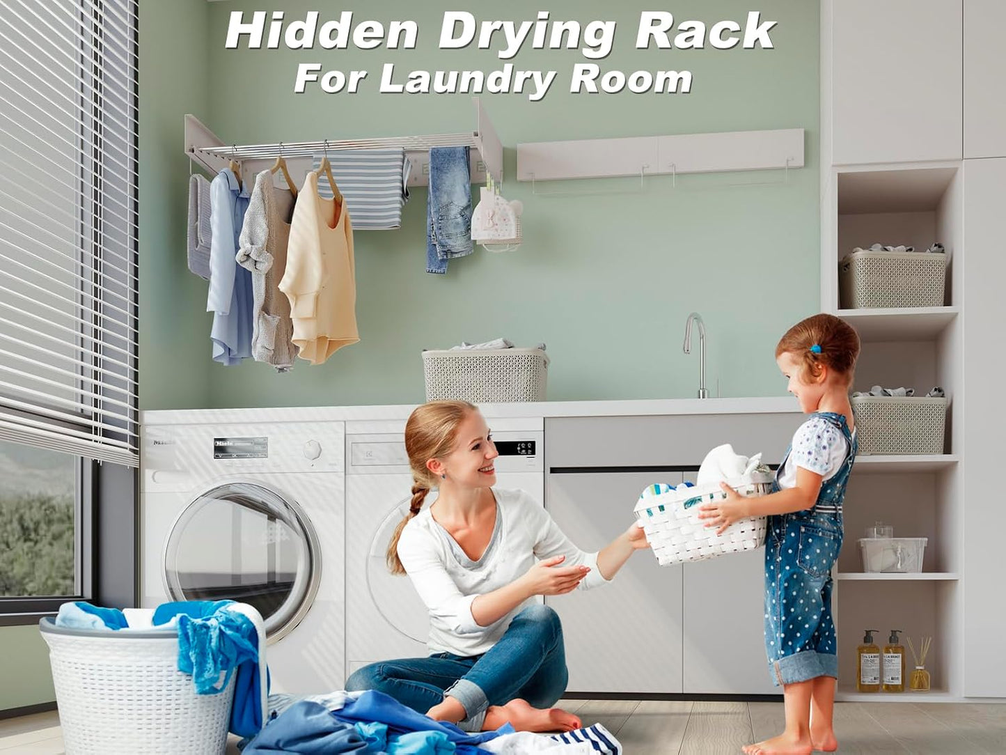 Wall Mounted Hidden Clothes Drying Rack - Pull-Out Laundry Organizer with 5 Stainless Steel Rods - Collapsible & Foldable for Laundry Room/Bathroom - Heavy Duty & Space Saving (31.5", White)