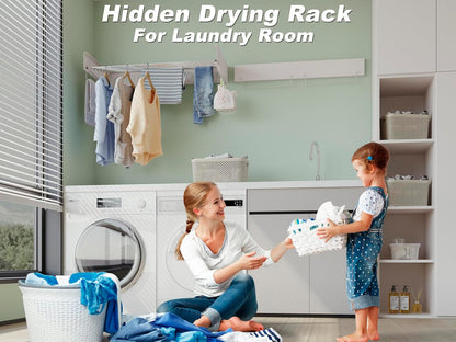 Wall Mounted Hidden Clothes Drying Rack - Pull-Out Laundry Organizer with 5 Stainless Steel Rods - Collapsible & Foldable for Laundry Room/Bathroom - Heavy Duty & Space Saving (31.5", White)