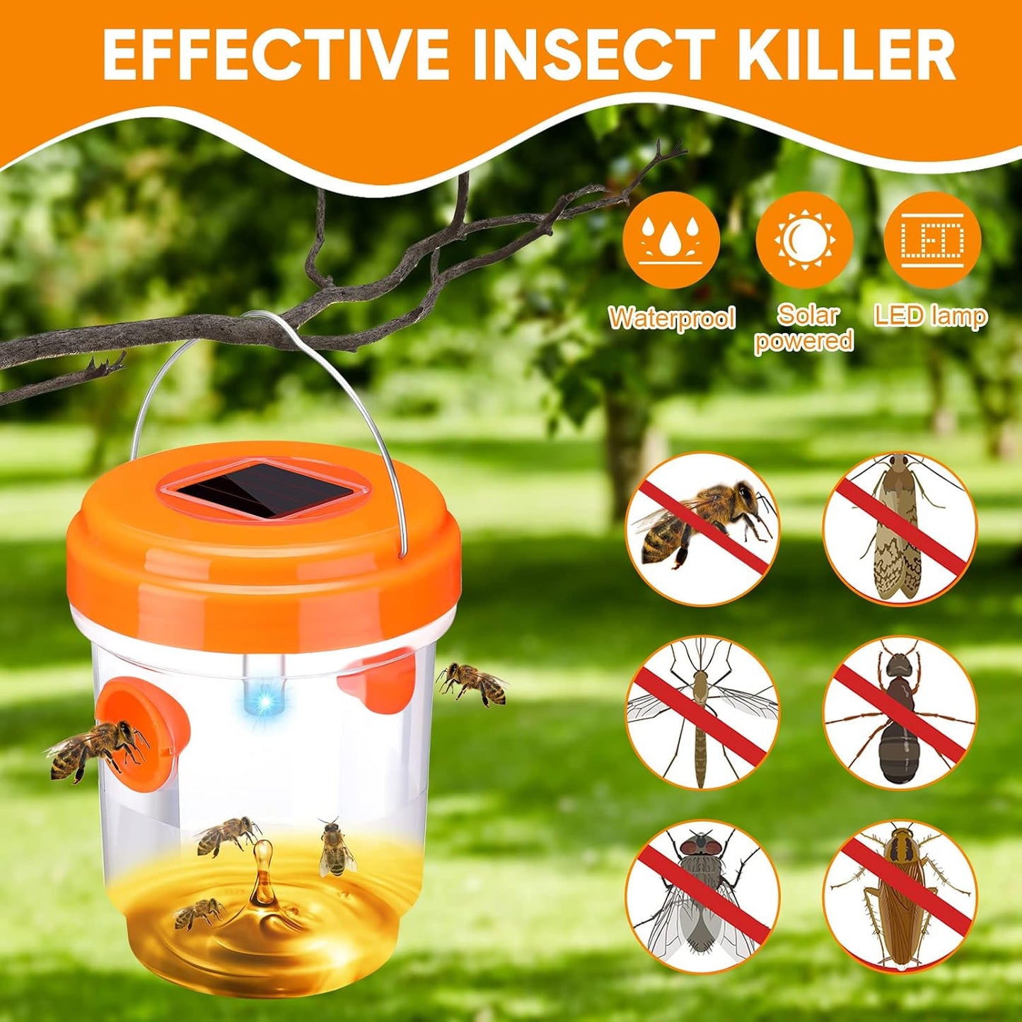 Wasp Trap Solar Powered Bee Trap Reusable Fly Traps Outdoor Hanging Wasp Killer with UV LED Light Flying Insects Bee Killer for Indoor Outside Patio Garden Home (6, Yellow)