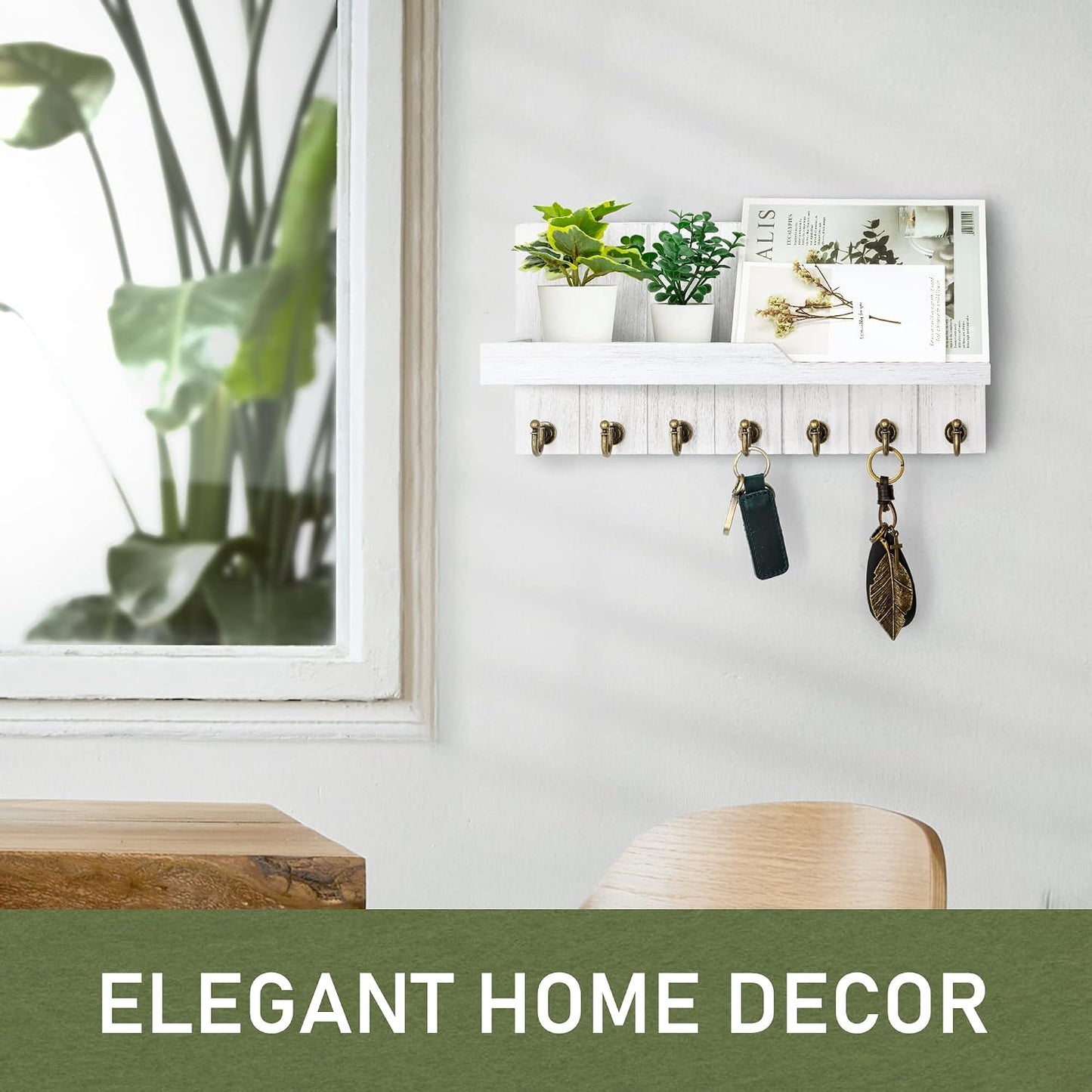 Rebee Vision Decorative Key Holder Wall Mount - Rustic Key Holder for Wall with Shelf and Mail Organizer for Living Room Decor - Home Essentials for Home Improvement (Brown, 3.54" x 10" x 7.28")