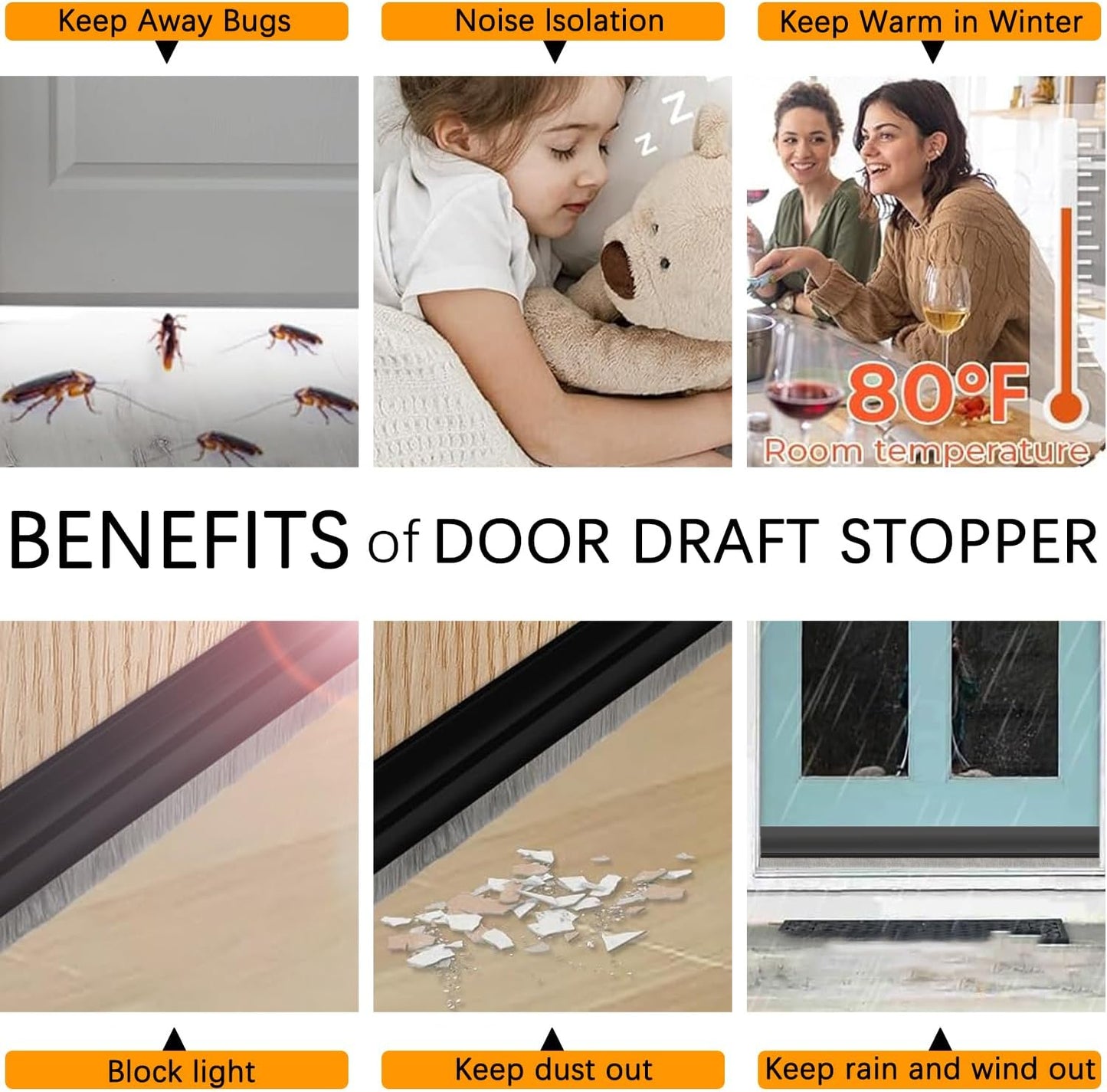 2 Pack Door Sweep Brush, Door Draft Stoppers with Brush, Under Draft Stopper for Bottom Reduce Noise, Weather Stripping for Doors Exterior with Self Adhesive, Door Sweep for Bottom 2" W x 39" L, Black