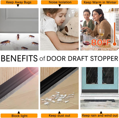 2 Pack Door Sweep Brush, Door Draft Stoppers with Brush, Under Draft Stopper for Bottom Reduce Noise, Weather Stripping for Doors Exterior with Self Adhesive, Door Sweep for Bottom 2" W x 39" L, Black