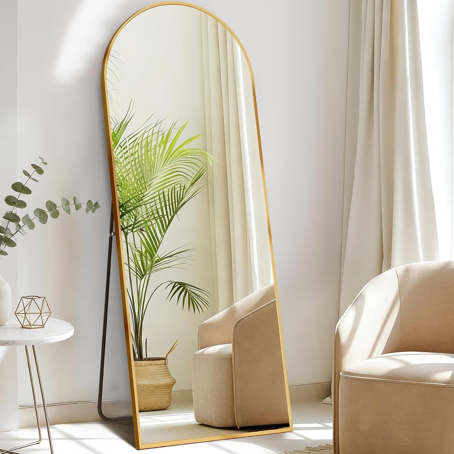 DUMOS 64"x21" Arched Full Length Floor Mirror, Full Body Mirror with Stand, Shatterproof Tempered Glass, Modern Aluminum Alloy Frame, Free Standing or Leaning for Home Decor, Gold