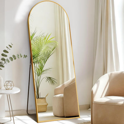 DUMOS 64"x21" Arched Full Length Floor Mirror, Full Body Mirror with Stand, Shatterproof Tempered Glass, Modern Aluminum Alloy Frame, Free Standing or Leaning for Home Decor, Gold