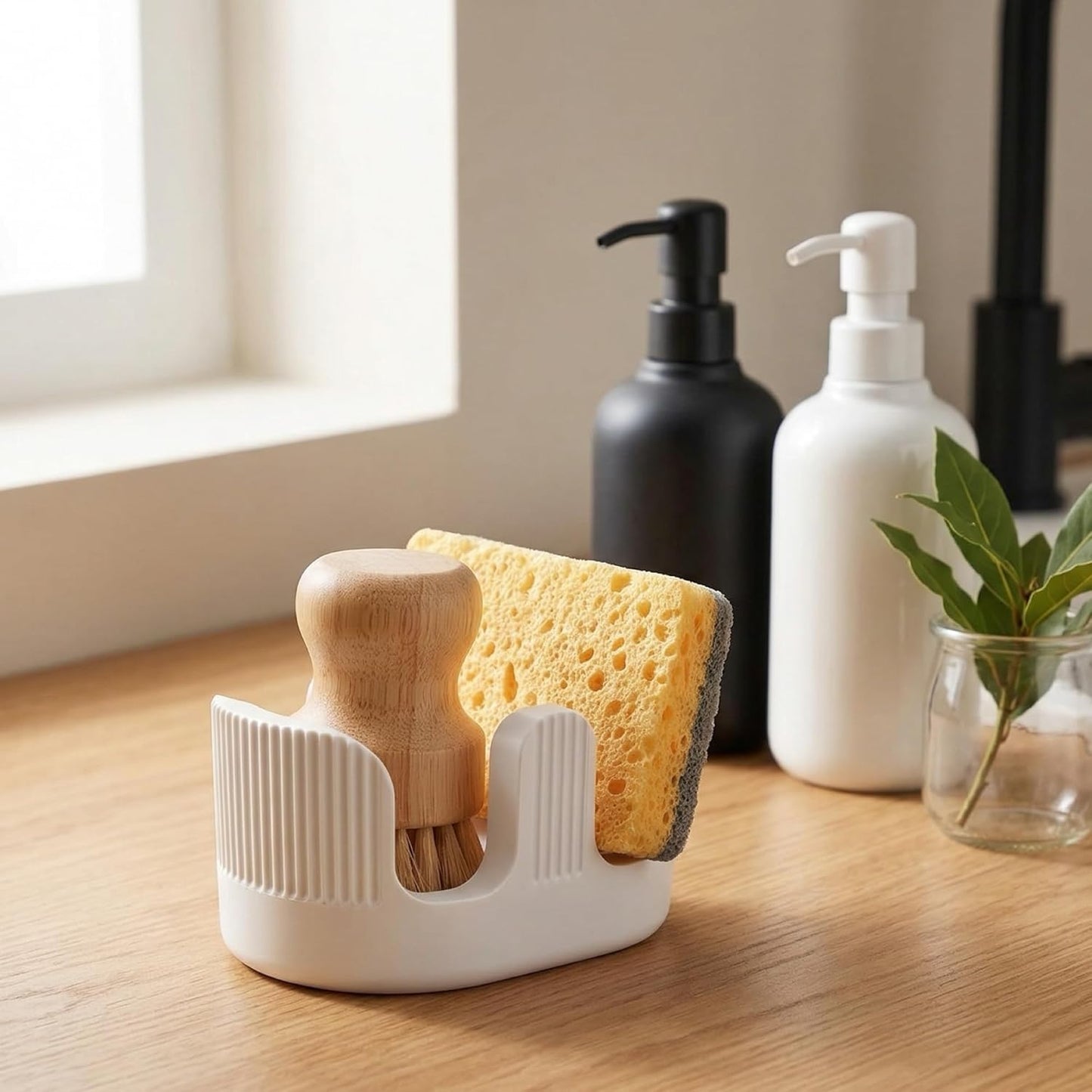 Ultra Absorbent Stone Sponge Holder for Kitchen Sink, 2 Slot Diatomite Dish Brush Sponge Holder, Diatomite Stone Sink Tray, Rustproof Sinks Caddy for Countertop, Double, White