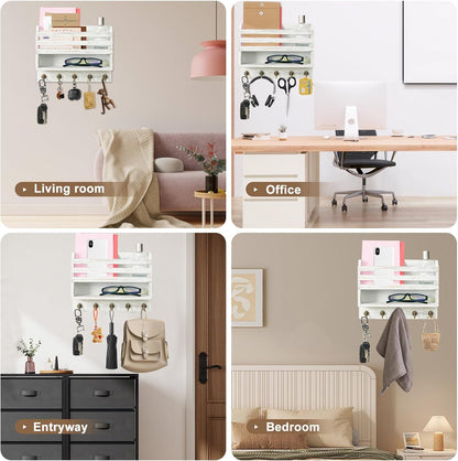 Mail and Key Organizer for Wall – Key Holder Wall Mount with Storage Box and 5 Key Hooks, Mail Holder Wall Mounted for Entryway, Apartment, Office, Home Decor Organization (Brown)