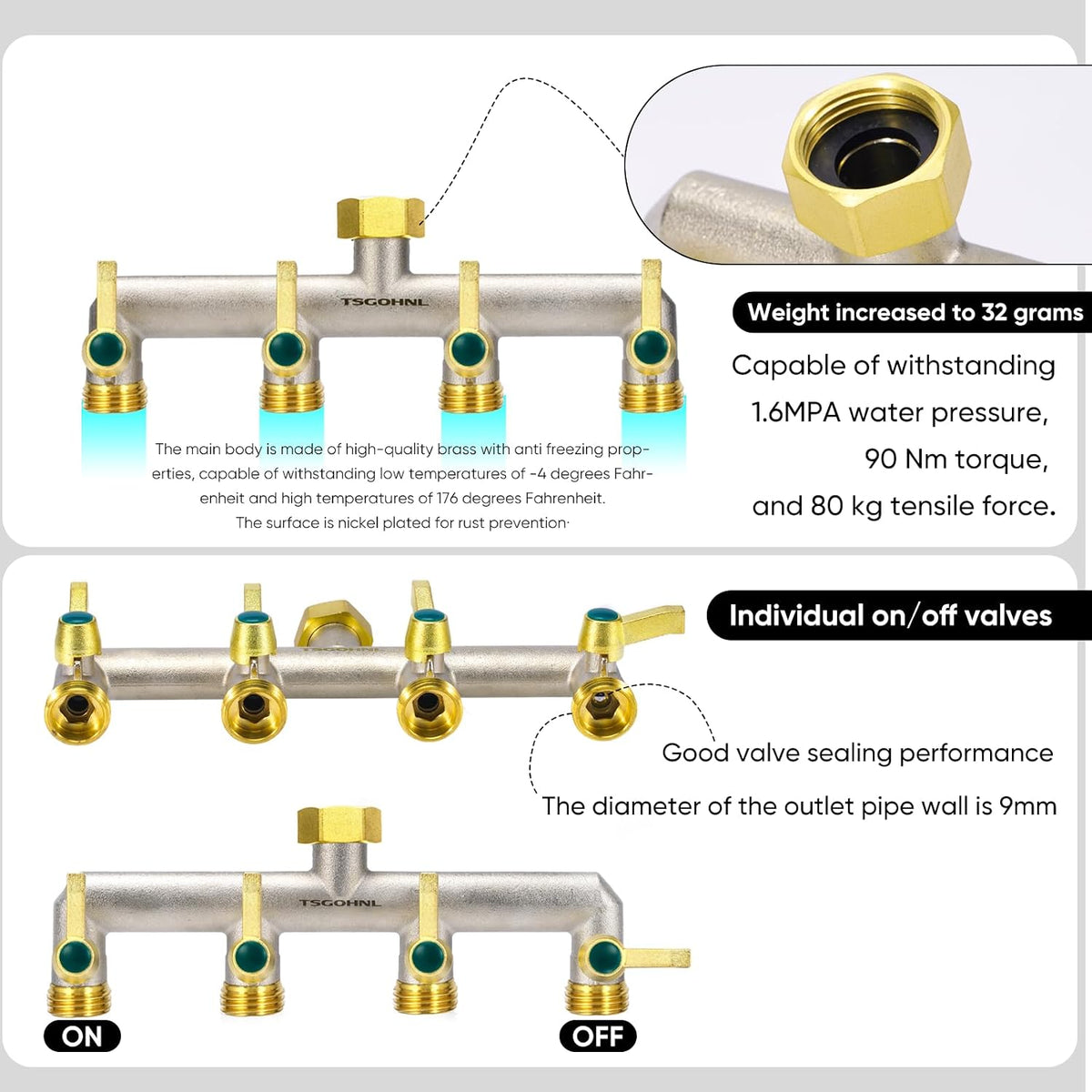 Heavy Duty Brass Garden Hose Splitter, 2-Way Faucet Splitter with 2 Extended Metal Handles, Outdoor Hose Splitter, GHT 3/4-Inch Heavy Duty Hex Female Inlet and 3/4-Inch Male Outlet, Nickel Plated