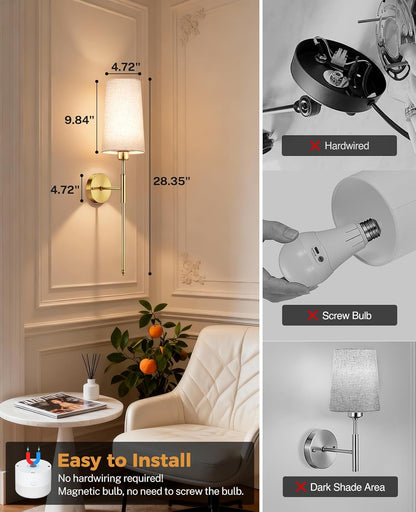 Battery Operated Wall Sconce Set of 2, 13000mAh Rechargeable Battery Powered Sconces with Remote Dimmable Fabric Shade Wireless Sconces Fixture for Bedroom Living Room