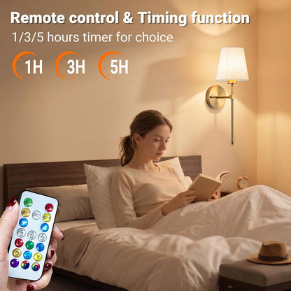 Battery Operated Wall Sconce Set Of Two with Remote Control, Indoor Not Hardwired Dimmable Battery Operated Wall Sconce Light Fixture with Fabric Linen Shade For Bedroom Living Room, Bulb Included ( C