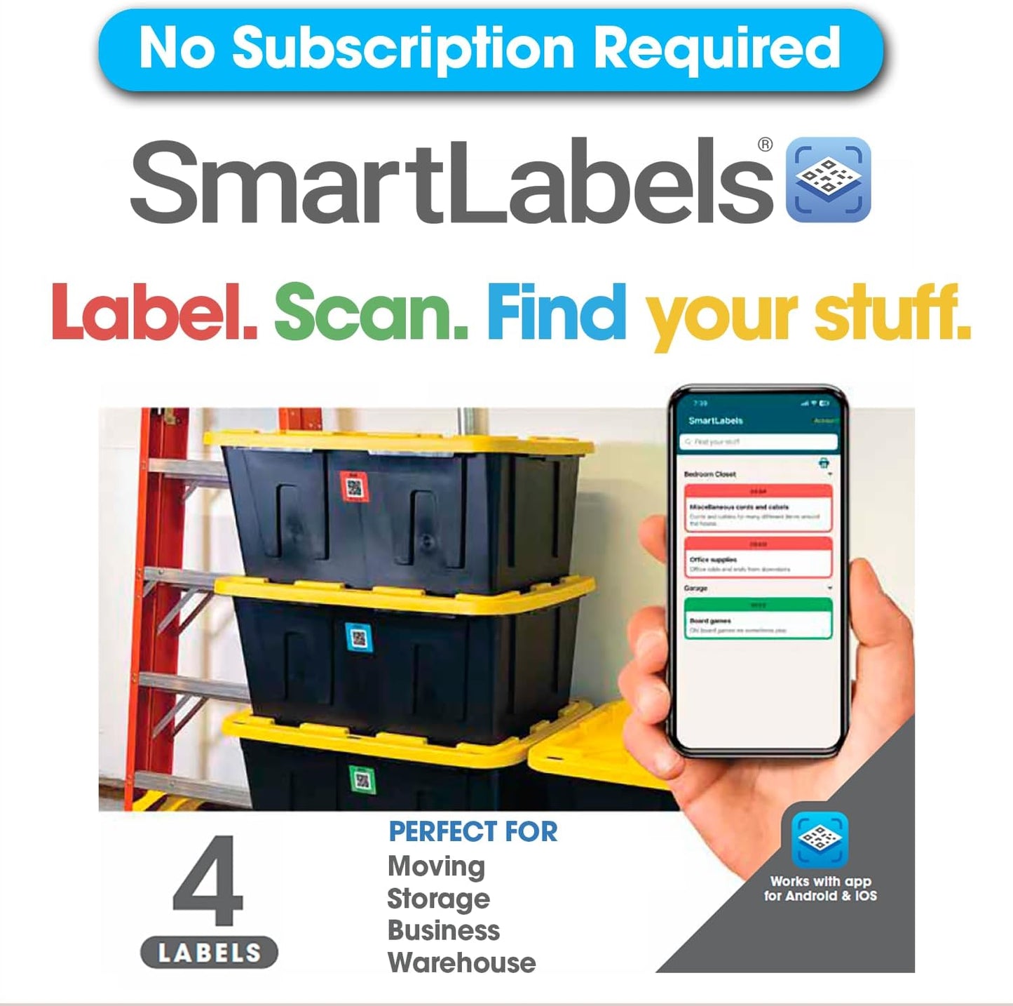 Smart Labels QR Code Stickers with AI Photo Analysis App - Auto-Creates Item Descriptions - No Typing - Made in USA - QR Code Labels for Storage & Inventory Tracking, Organization & Moving, Pack of 48