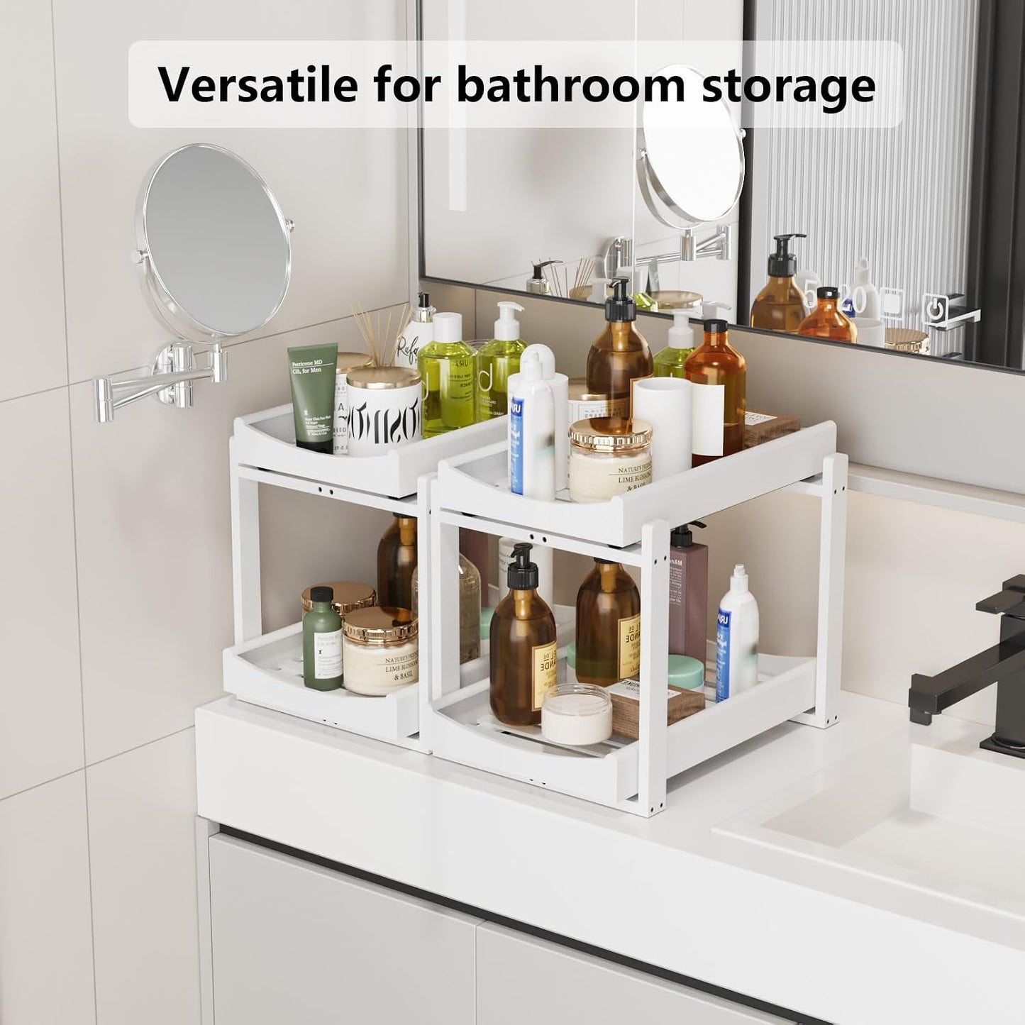 Bamboo Under Sink Organizer Adjustable Height 2 Tier Bathroom Organizer Pull Out Cabinet Storage Kitchen Heave Duty Wood Slide Ou Shelf for Kitchen Bathroom (Black, 2 Packs) (Black, 2 Pack)