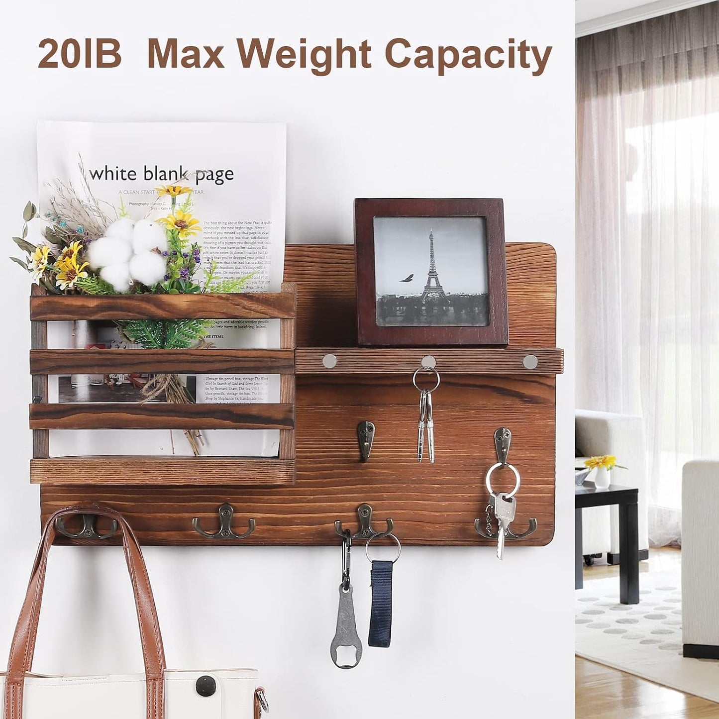 Decorative Key Hanging Rack with 10 Hooks – Easy Install Natural Wooden Key and Mail Holder for Wall Mount – Entryway Decor Rack with Shelf (Black)