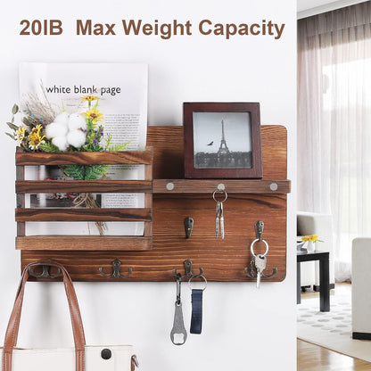 Decorative Key Hanging Rack with 10 Hooks – Easy Install Natural Wooden Key and Mail Holder for Wall Mount – Entryway Decor Rack with Shelf (Black)