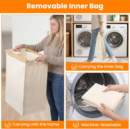 Bamboo Laundry Hamper 3 Section with Lid, 150L Laundry Sorter with Lockable Wheels, Pull-Out Removable Washable Bags, 3 × 12.5 Gal Divided Laundry Baskets for Laundry Room, Bathroom (White)