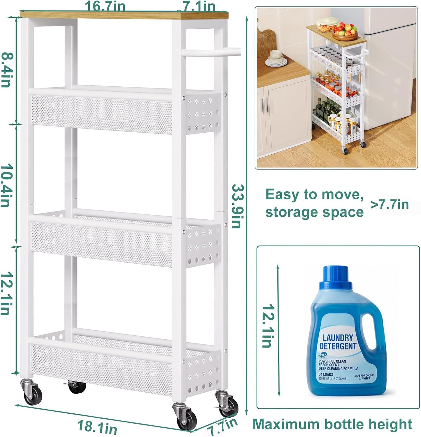 Utility Slim Storage Cart, 4-Tier Narrow Bathroom Organizers and Storage Cart, Narrow Metal Kitchen Laundry Room Organization Shelf with Wood Top, Slim Rolling Carts with Wheels for Small Space