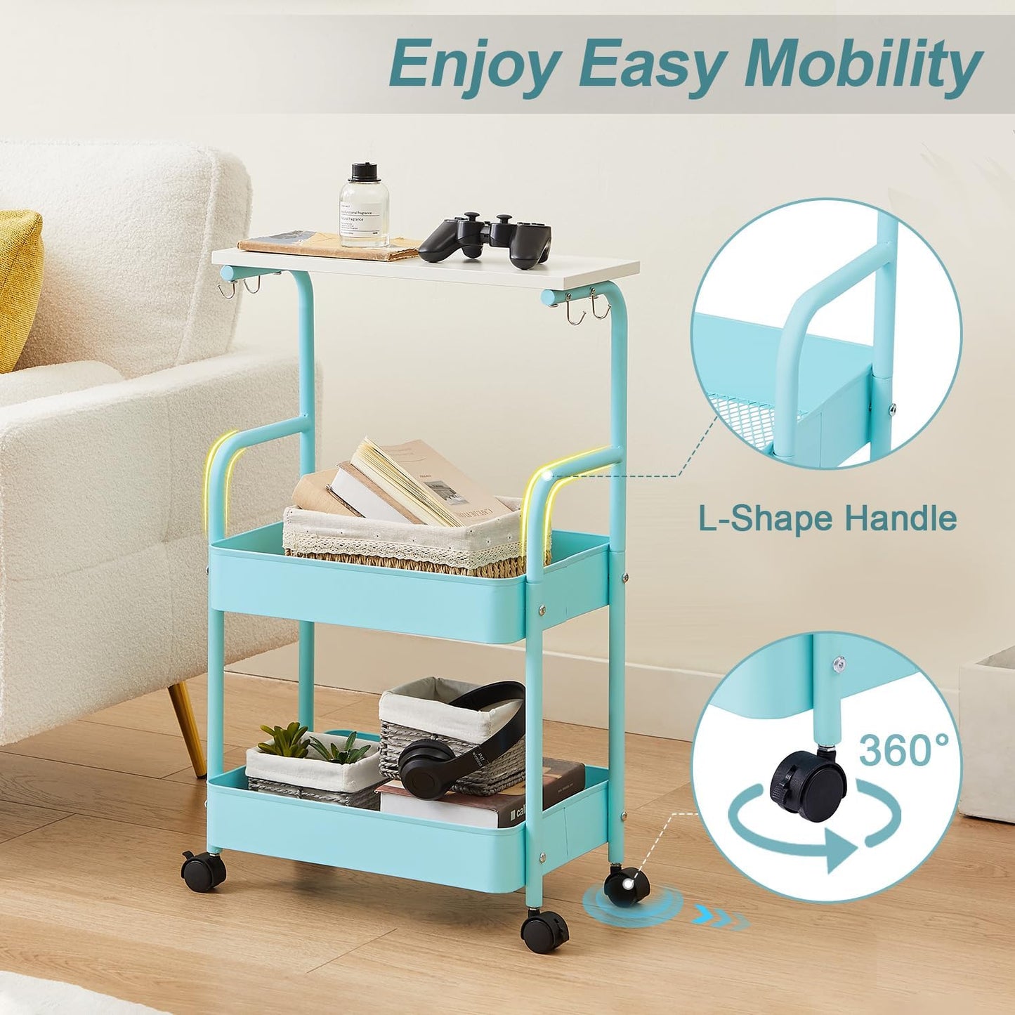 VECELO Storage Rolling Cart, 4 Tier Utility Cart Kitchen Slim Mobile Storage Unit Organizers with Wheels Hooks&Hanging Cups for Bedroom Bathroom Office Table Side in Narrow Places, White