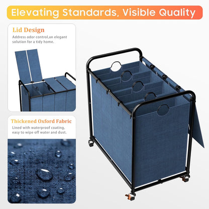 180L (47.55 Gal) Laundry Sorter 3 Section, Rolling Laundry Basket with Lockable Wheels and Lid, Laundry Hamper with 3 Separated Removable Bags Dirty Clothes Hamper for Laundry Room Organizer, Black