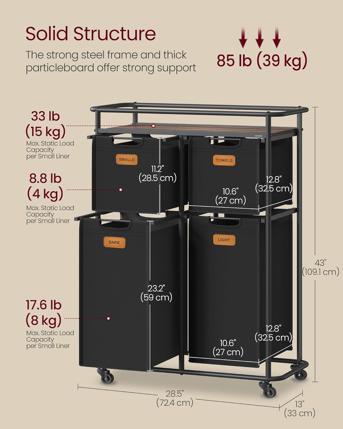 VASAGLE Laundry Sorter, Laundry Hamper with Wheels, 39.6 Gal. (150 L) Portable Rolling Cart Baskets with Shelf, 3 Removable Liners and 6 Labels, Ink Black and Chestnut Brown UBLH103BH01