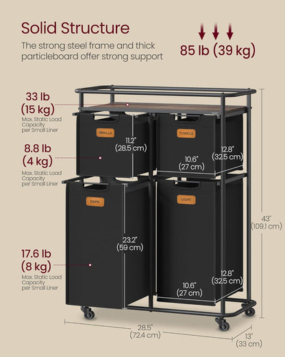VASAGLE Laundry Sorter, Laundry Hamper with Wheels, 39.6 Gal. (150 L) Portable Rolling Cart Baskets with Shelf, 3 Removable Liners and 6 Labels, Ink Black and Chestnut Brown UBLH103BH01