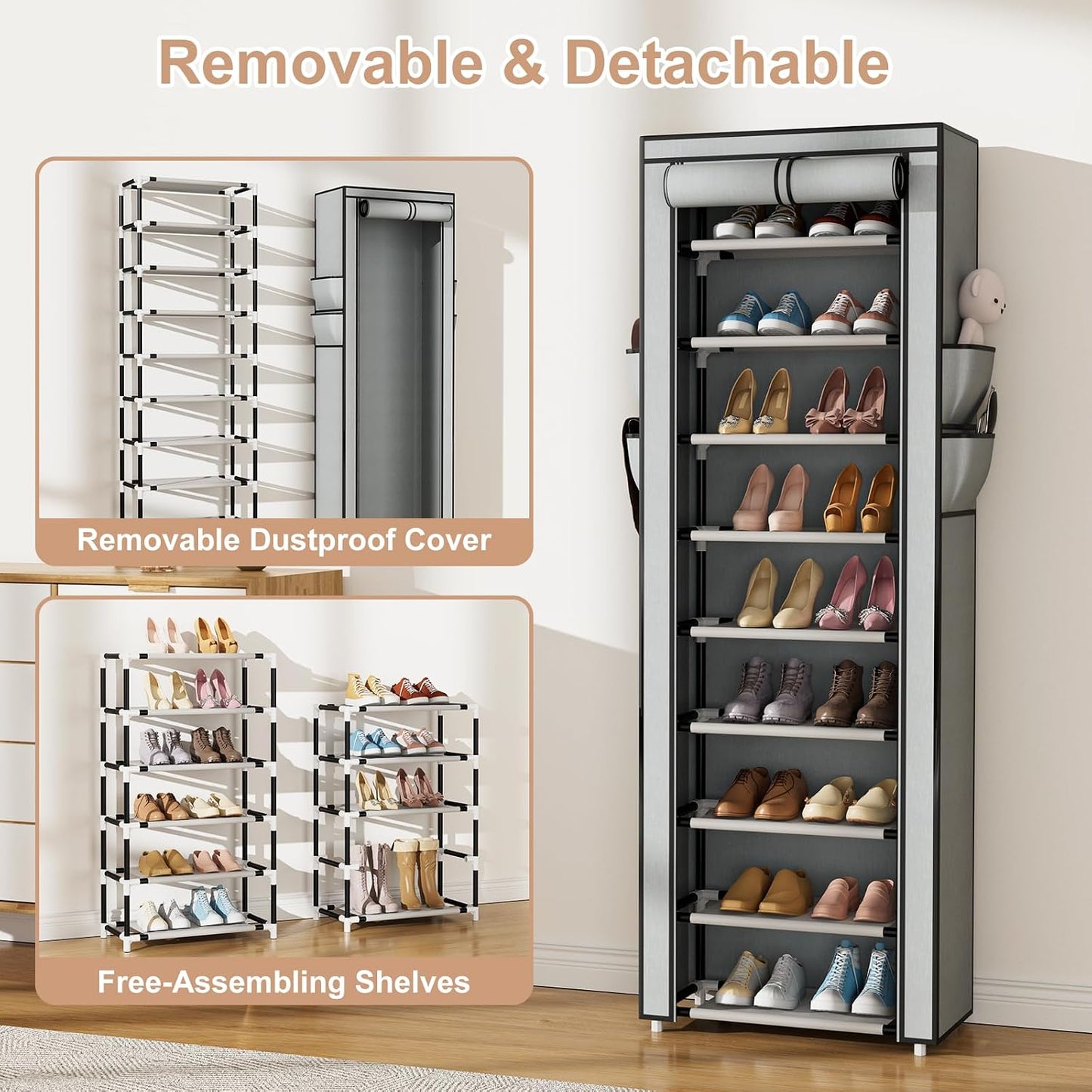 VILICK Shoe Rack with Cover Narrow Shoe Organizer with 4 Side Pockets 10 Tier Tall Shoe Storage Holds 18-22 Pairs Shoes and Boots Shoe Rack for Closet Entryway Garage