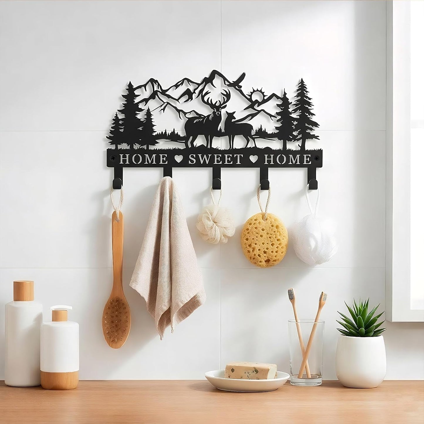 Deer Mountain Metal Key Holder Wall Mount Key Holder for Wall Rustic Cabin Decor Key Rack Hooks Hanger Woodland Wildlife Wall Art Entryway Organizer Housewarming Hunting Gifts