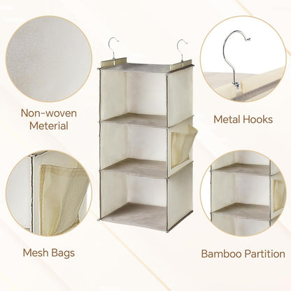 Leinuosen 4 Pack 3 Tier Hanging Closet Organizer Foldable 3 Shelf Closet Hanging Shelves with Side Pockets and Sturdy Hooks for Wardrobe Rv Nursery Small Closets Natural Beige