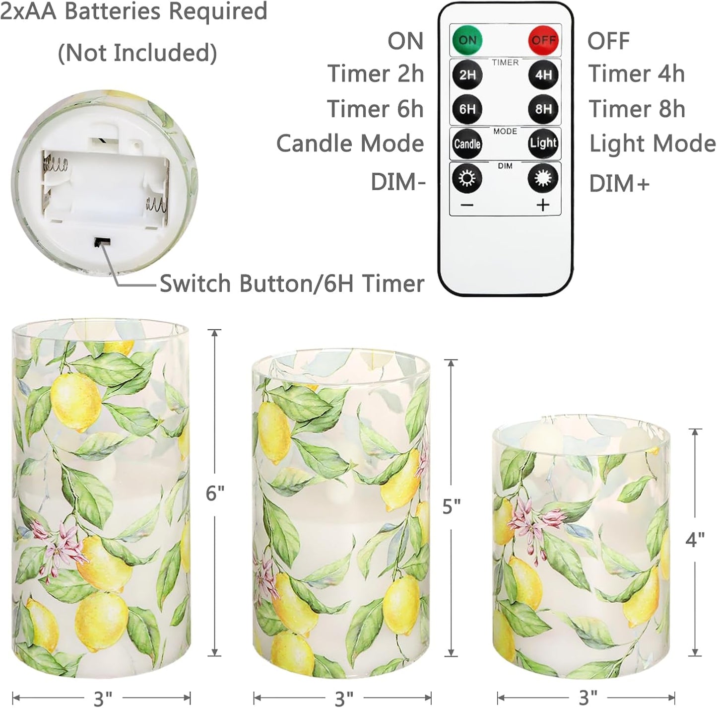 Glass Flameless Candles Flickering Battery Operated LED Pillar Candles Set of 3 with Timer and and 10-Key Remote Green Branch Floral Spring Summer Theme for Wedding Festival Home Decoration
