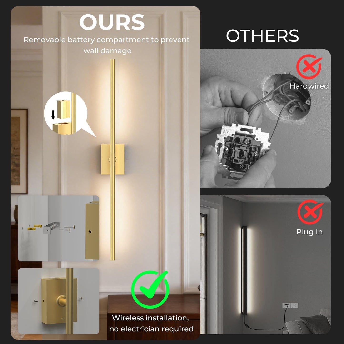 Battery Operated Wall Sconce Set of Two - 10000mAh Cordless Rechargeable Wall Sconces with Remote & Touch Control, 360°Rotate, 4CCT Dimmable Gold Wall Lights for Bedroom Living Room, 31.5 inch