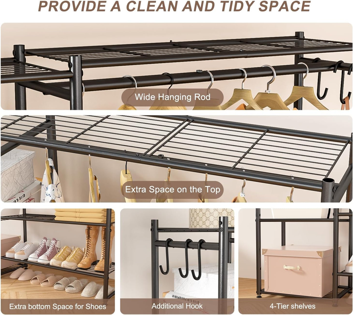 Neprock Wardrobe Closet, Portable Clothing Rack for Hanging Clothes, Free Standing Closet Organizers and Storage System with 4 Tiers Shelves for Cloakroom Bedroom,Black