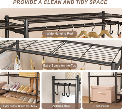 Neprock Wardrobe Closet, Portable Clothing Rack for Hanging Clothes, Free Standing Closet Organizers and Storage System with 4 Tiers Shelves for Cloakroom Bedroom,Black