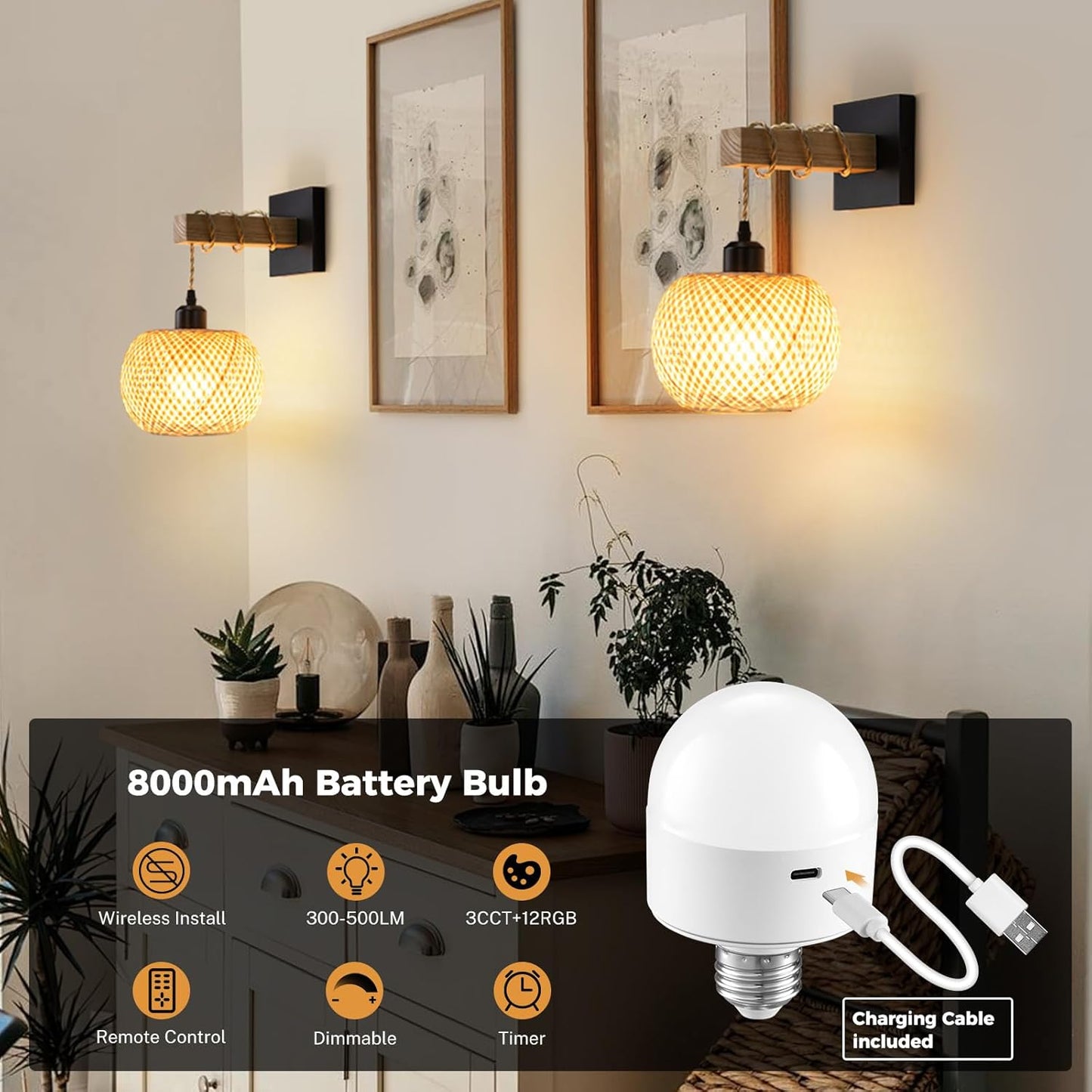 Battery Operated Wall Sconce with Remote Set of 2, Rechargeable Rattan Wall Sconces with 8000mAh Bulbs, Woven Bamboo Wall Light/Lamp Boho Wall Sconce for Bedroom (Black)