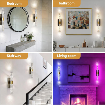 Crystal Battery Operated Wall Sconces Set of 2, Black Rechargeable Wireless Wall Light Fixtures with Remote Control, 3CCT and 12 RGB Dimmable Wall Lamps for Bedroom Living Room Hallway
