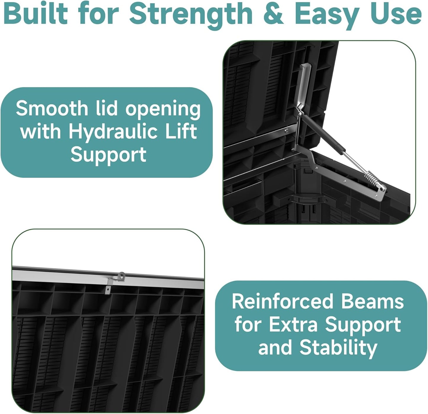 320 Gallon Waterproof Outdoor Storage Box, UV Resistant Resin Deck Box with Hydraulic Rod for Reinforced Stability, Perfect for Patio, Garden, and Pool（Black，320 Gallon）