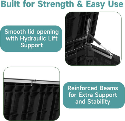 320 Gallon Waterproof Outdoor Storage Box, UV Resistant Resin Deck Box with Hydraulic Rod for Reinforced Stability, Perfect for Patio, Garden, and Pool（Black，320 Gallon）