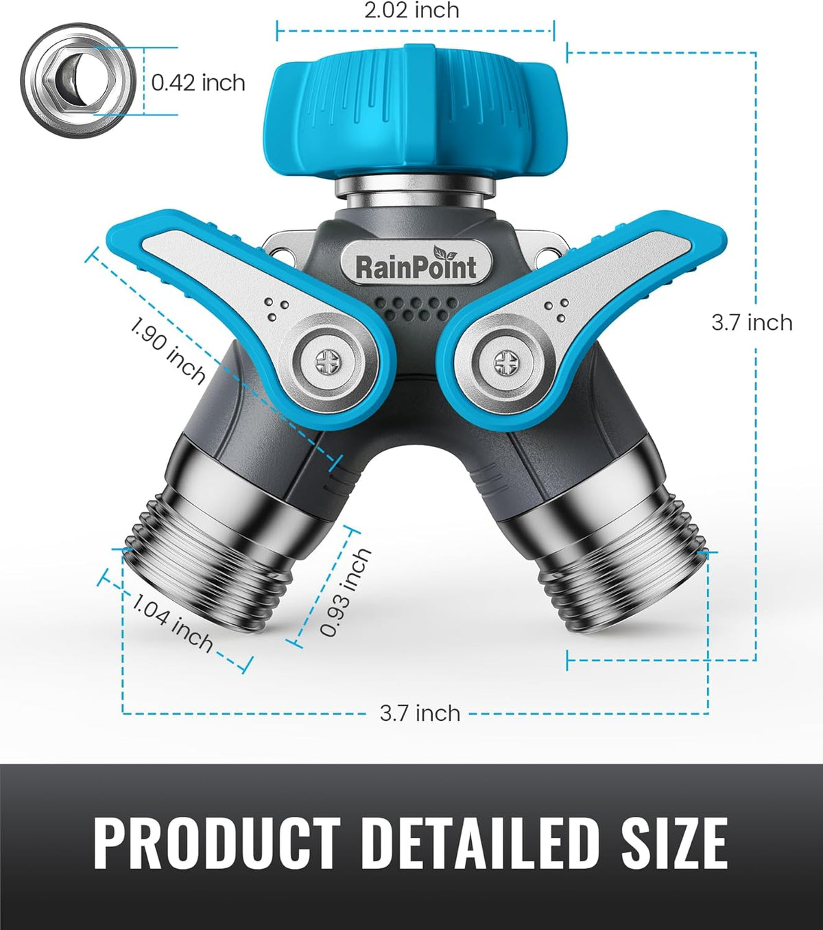 RAINPOINT 2 Way Garden Hose Splitter | Heavy Duty Water Spigot Splitter with Shutoff Valves, 100% Metal Body, 1.9" Extra Long Metal Handle, 3/4" GHT Thread