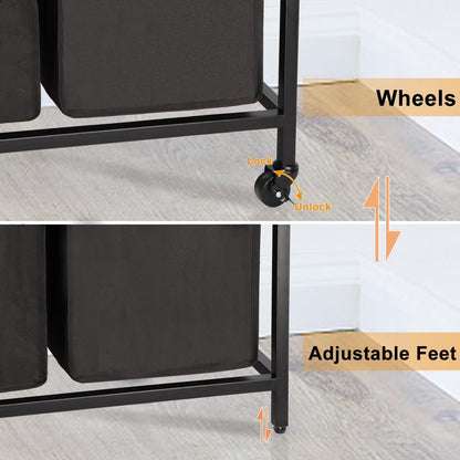 Timberer Laundry Hamper, Laundry Sorter 3 Section, Rolling Laundry Basket with Wheels, 2 Shelves, 3 × 14.5 Gal, Pull-Out and Removable Oxford Fabric Bags, for Laundry Room, Black and Rustic Brown