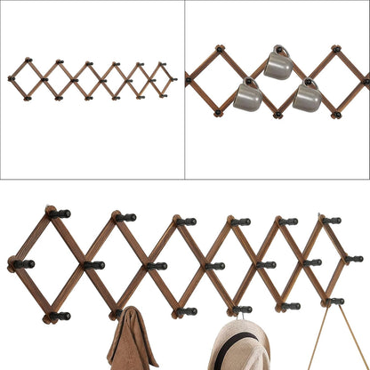 WGFKVAS 2 Pack Accordion Hat Rack for Wall - Expandable Coat Rack & Wall Mounted Hat Holder - Wooden Wall Hanger with 10 Peg Hooks for Coats, Baseball Caps, Keys & Mugs
