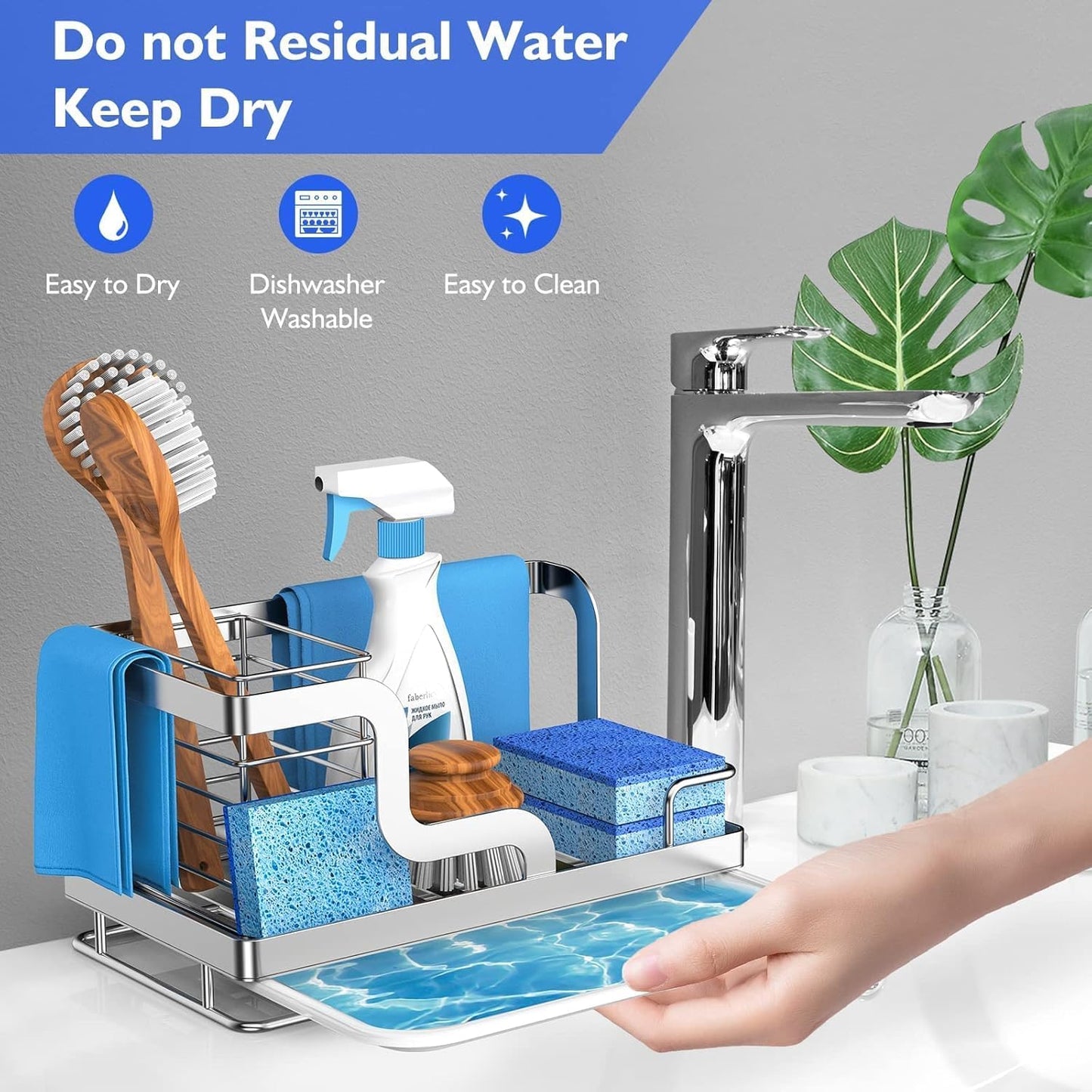 BSKSSK Sink Caddy, Kitchen Sink Organizer Sponge Holder, Dish Soap Scrubber Holder with Removable Drain Pan, Sink Brush Holder Kitchen Sink Stainless Steel for Sponge (Sliver, Large)