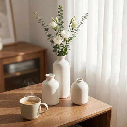 Small Ceramic Vase Set of 3, Boho Home Decor Vases for Dried Flowers,Farmhouse,Shelf,Bathroom,Centerpiece for Entryway Table Decoration Gifts