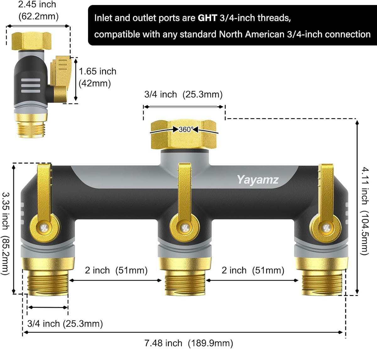 3 Way Garden Hose Splitter, High Flow Outdoor Faucet Splitter with 3 Independent Shut Off Valves, Wide Spacing for Timers, Standard 3/4" GHT for Lawn Yard Garden Watering
