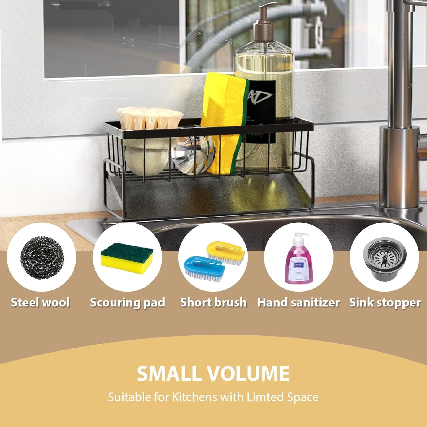 KABUM Sponge Holder Drain Rack for Kitchen Sink - 4-in-1 Organizer Holds Sponge, Soap, Stopper & Mini Brush, 9” Long Rustproof Carbon Steel Tray, Essential Kitchen Storage for a Tidy countertop, Grey
