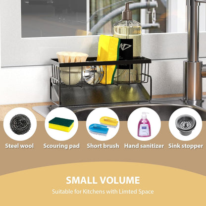 KABUM Sponge Holder Drain Rack for Kitchen Sink - 4-in-1 Organizer Holds Sponge, Soap, Stopper & Mini Brush, 9” Long Rustproof Carbon Steel Tray, Essential Kitchen Storage for a Tidy countertop, Grey