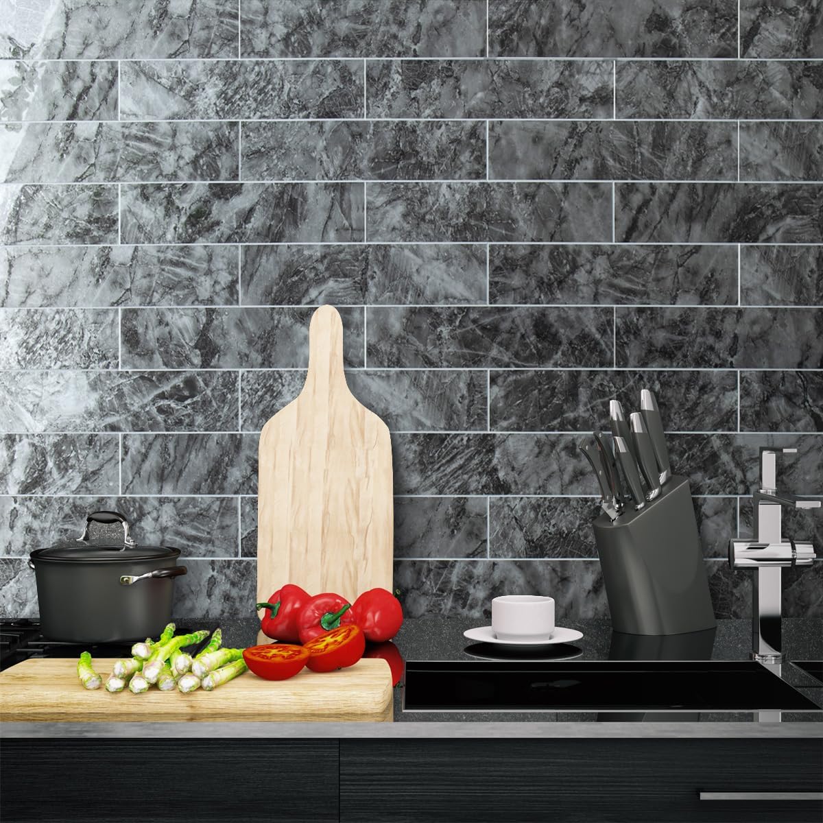 AULIGET 40-Piece Polished White Marble with Gold Peel and Stick Backsplash Wall Tiles, 3" x 12" PVC Faux Stone Stick on Tiles for Backsplash Kitchen, Bathroom, Laundry Room, Camper, Fireplace