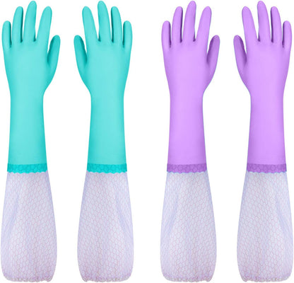 Elgood Reusable Long Sleeve Dishwashing Cleaning Gloves with Latex Free,Cotton Lining,Kitchen Gloves 2 Pairs,Purple+Blue M
