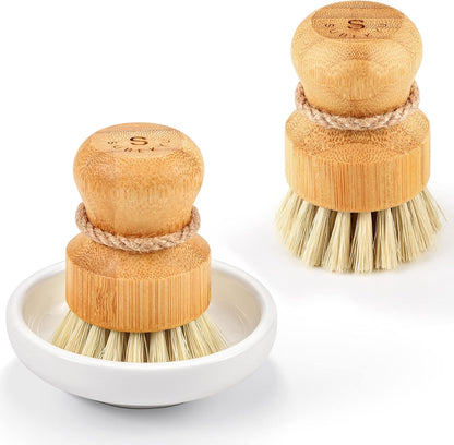 Bamboo Dish Scrub Brushes,Kitchen Wooden Cleaning Scrubbers Set for Washing Cast Iron Pan/Pot, Natural Sisal Bristles, Set of 3